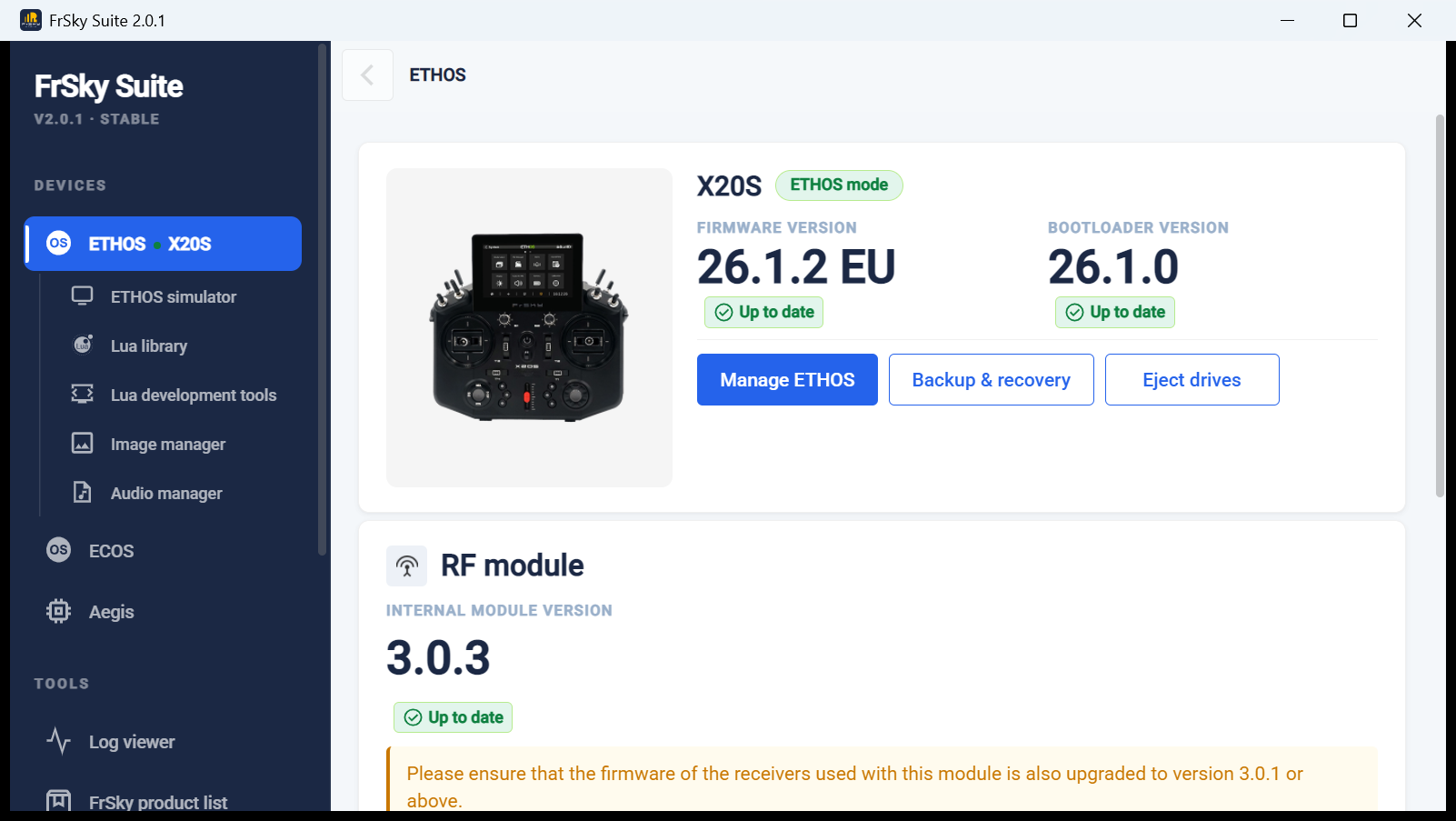 FrSky Suite with an X20S connected