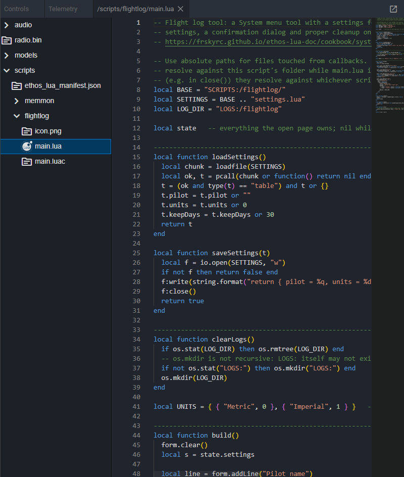 Code explorer showing scripts/flightlog/main.lua