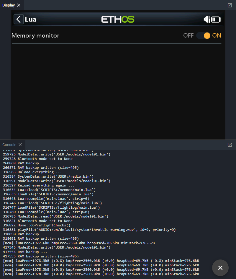 Debug console with print() output from a Lua task