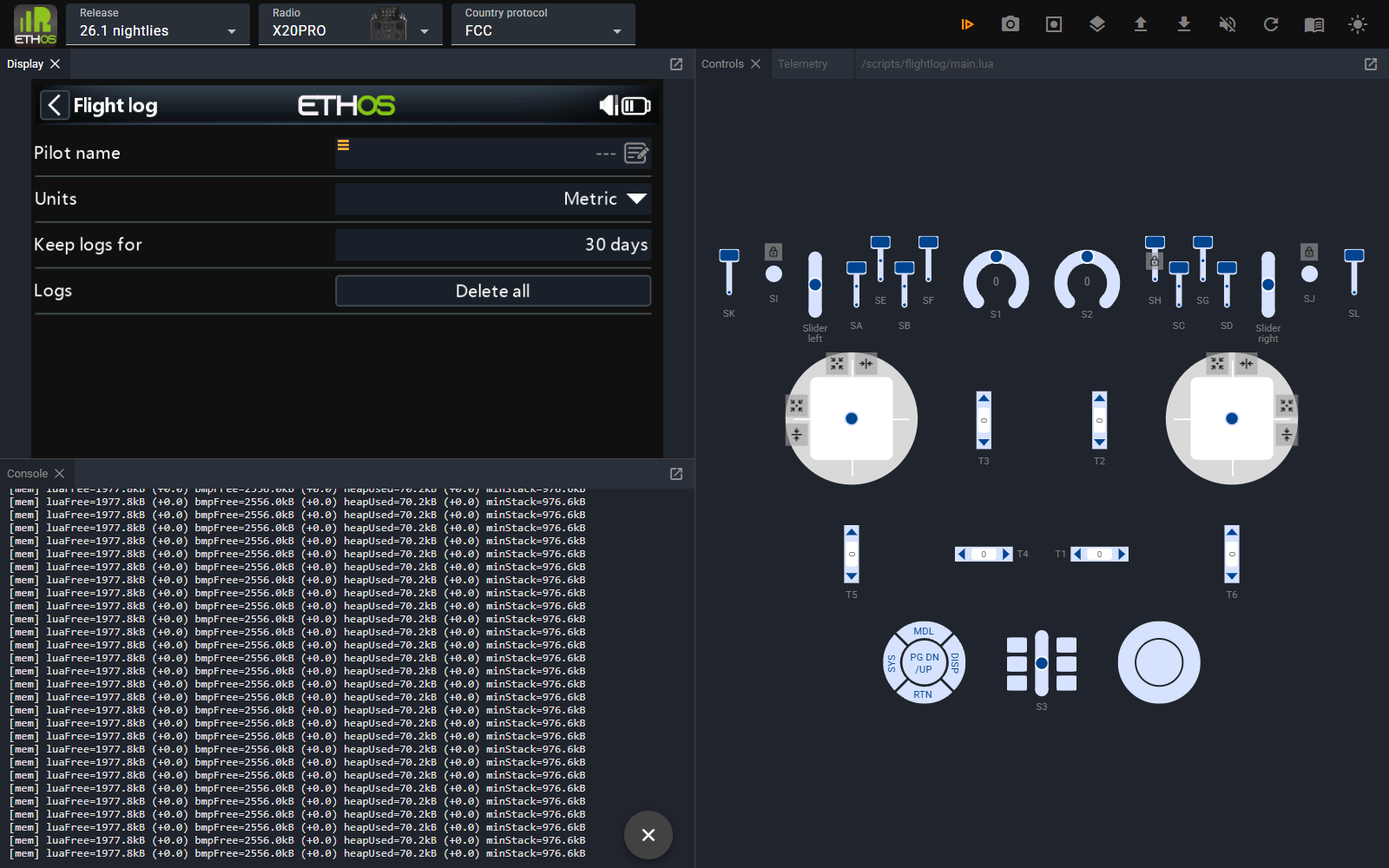 Web simulator: radio display with a Lua tool open, Console below it, Controls on the right