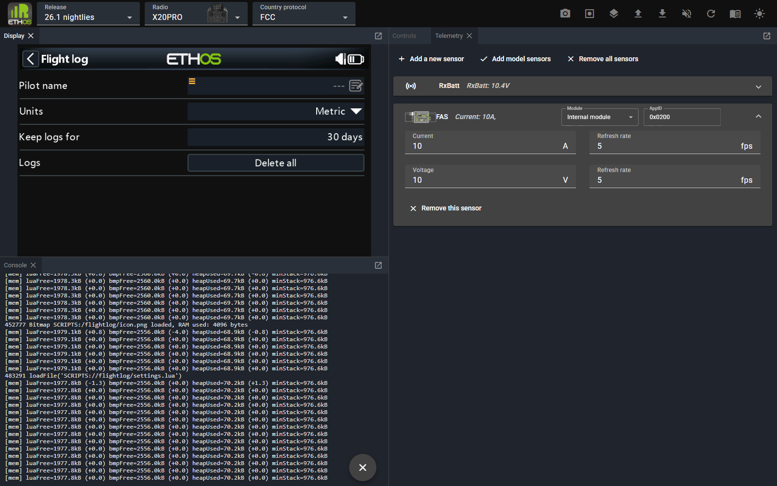 Telemetry panel with RxBatt and FAS sensors